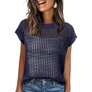 ANRABESS Womens Tops 2026 Trendy Summer Shirts Crochet Cap Sleeve Knitted Sweater Beach Vacation Clothes Fall Fashion Outfits(Navy Blue)