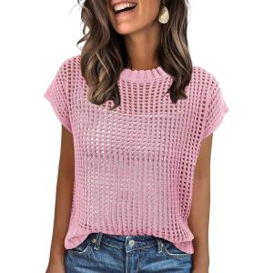 ANRABESS Womens Tops 2026 Trendy Summer Shirts Crochet Cap Sleeve Knitted Sweater Beach Vacation Clothes Fall Fashion Outfits(Pink)