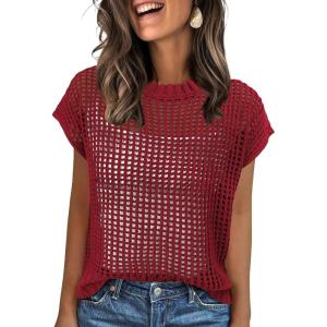 ANRABESS Womens Tops 2026 Trendy Summer Shirts Crochet Cap Sleeve Knitted Sweater Beach Vacation Clothes Fall Fashion Outfits(Red)