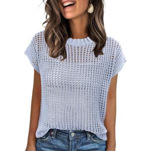 ANRABESS Womens Tops 2026 Trendy Summer Shirts Crochet Cap Sleeve Knitted Sweater Beach Vacation Clothes Fall Fashion Outfits(Sky)