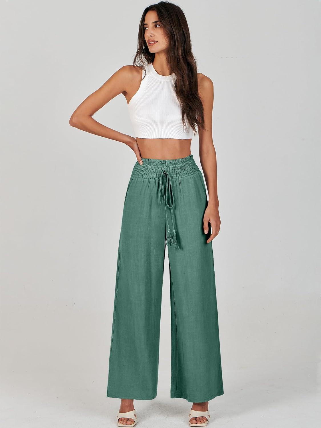 imageANRABESS Womens Linen Pants Summer Casual Palazzo Beach Pant Drawstring High Waist Wide Leg Trousers Vacation OutfitsLake Green