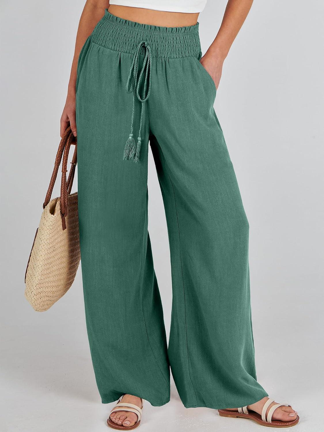 imageANRABESS Womens Linen Pants Summer Casual Palazzo Beach Pant Drawstring High Waist Wide Leg Trousers Vacation OutfitsLake Green