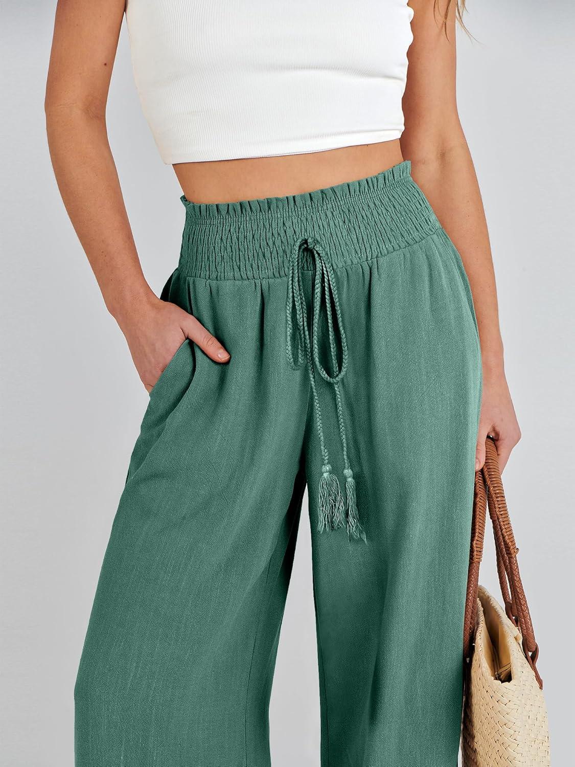 imageANRABESS Womens Linen Pants Summer Casual Palazzo Beach Pant Drawstring High Waist Wide Leg Trousers Vacation OutfitsLake Green