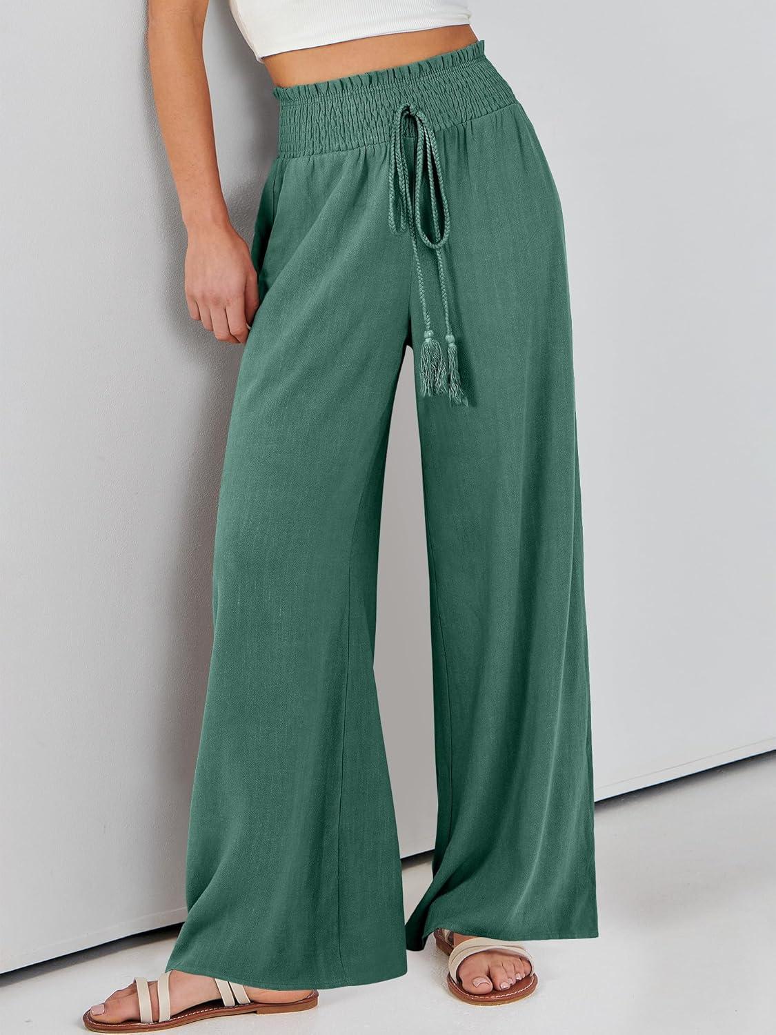 imageANRABESS Womens Linen Pants Summer Casual Palazzo Beach Pant Drawstring High Waist Wide Leg Trousers Vacation OutfitsLake Green