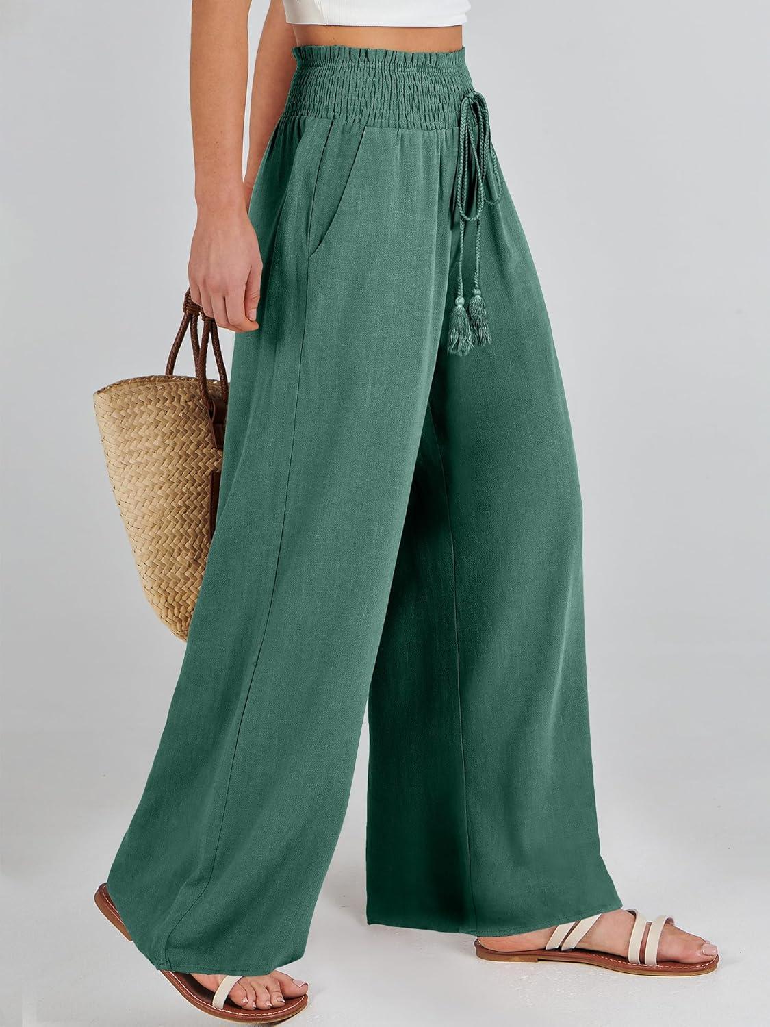 imageANRABESS Womens Linen Pants Summer Casual Palazzo Beach Pant Drawstring High Waist Wide Leg Trousers Vacation OutfitsLake Green