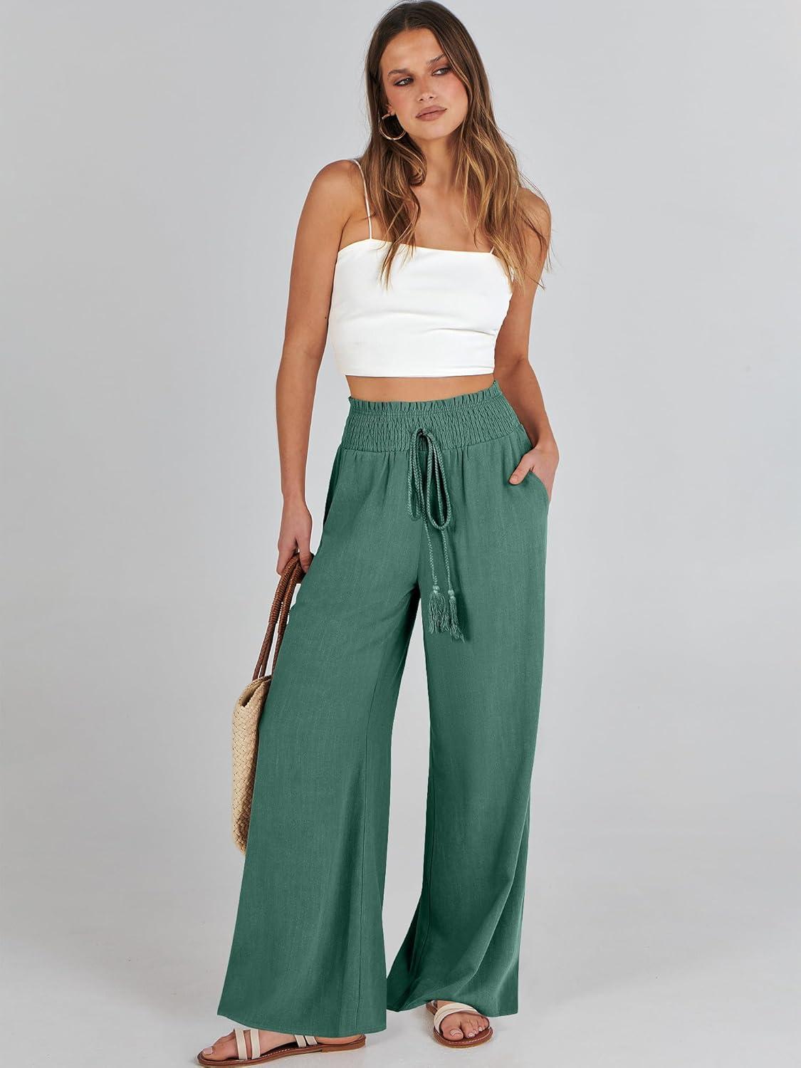 imageANRABESS Womens Linen Pants Summer Casual Palazzo Beach Pant Drawstring High Waist Wide Leg Trousers Vacation OutfitsLake Green