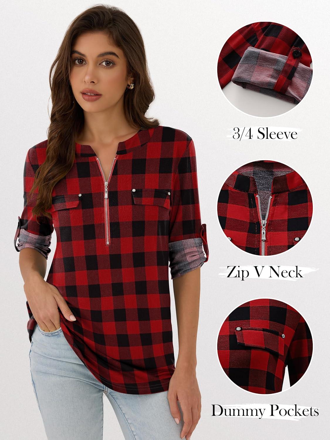 imageANRABESS Womens Plaid Shirts 34 Length Sleeve Half Zip Business Casual Tops Office Work Blouses 2025 Fall OutfitsRed Plaid