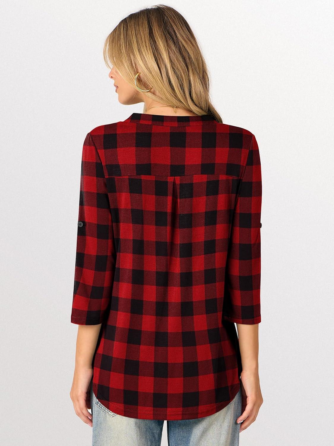 imageANRABESS Womens Plaid Shirts 34 Length Sleeve Half Zip Business Casual Tops Office Work Blouses 2025 Fall OutfitsRed Plaid
