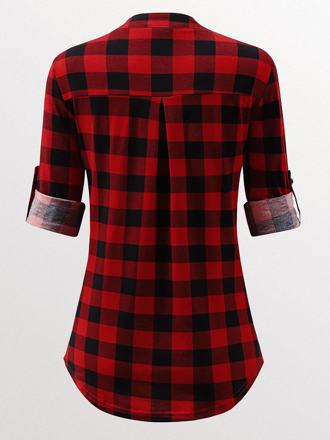 imageANRABESS Womens Plaid Shirts 34 Length Sleeve Half Zip Business Casual Tops Office Work Blouses 2025 Fall OutfitsRed Plaid