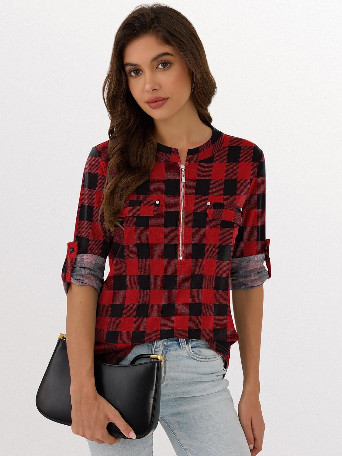 imageANRABESS Womens Plaid Shirts 34 Length Sleeve Half Zip Business Casual Tops Office Work Blouses 2025 Fall OutfitsRed Plaid