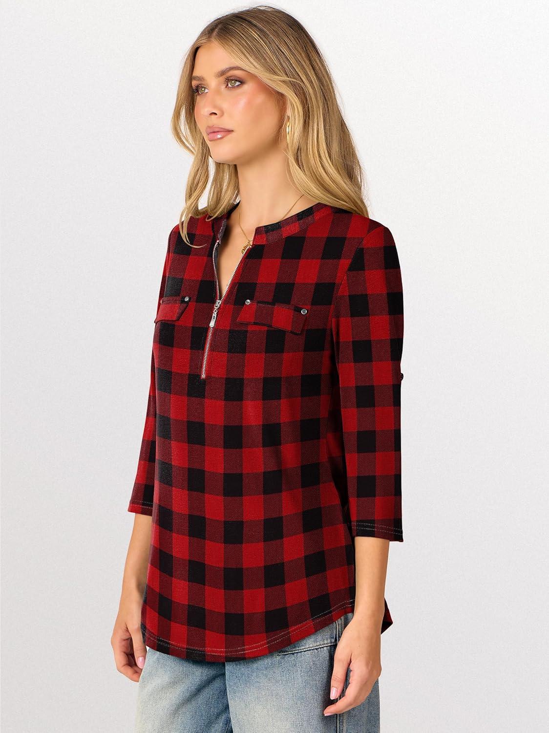 imageANRABESS Womens Plaid Shirts 34 Length Sleeve Half Zip Business Casual Tops Office Work Blouses 2025 Fall OutfitsRed Plaid