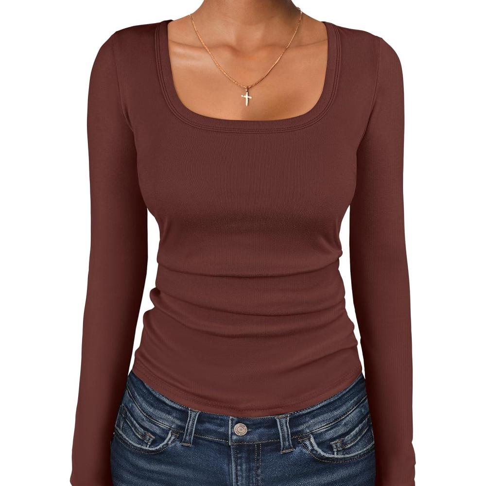 imageANRABESS Women Long Sleeve Thermal Top Scoop Neck Slim Fit Fleece Shirts Basic Tee Casual 2025 Fall Winter Warm UndershirtsRed Brown