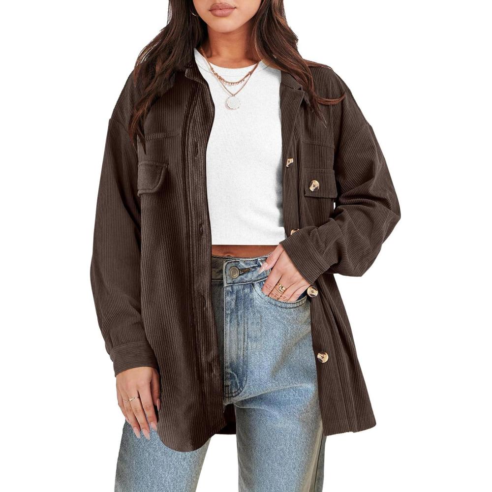 imageANRABESS Womens Corduroy Shacket Button Down Shirts Oversized Long Sleeve Casual Cardigan Jacket 2025 Fall Fashion ClothesBrown