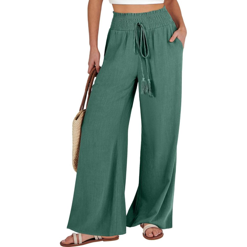 imageANRABESS Womens Linen Pants Summer Casual Palazzo Beach Pant Drawstring High Waist Wide Leg Trousers Vacation OutfitsLake Green