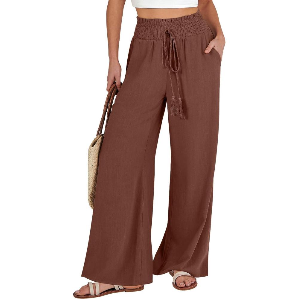 imageANRABESS Womens Linen Pants Summer Casual Palazzo Beach Pant Drawstring High Waist Wide Leg Trousers Vacation OutfitsRed Brown