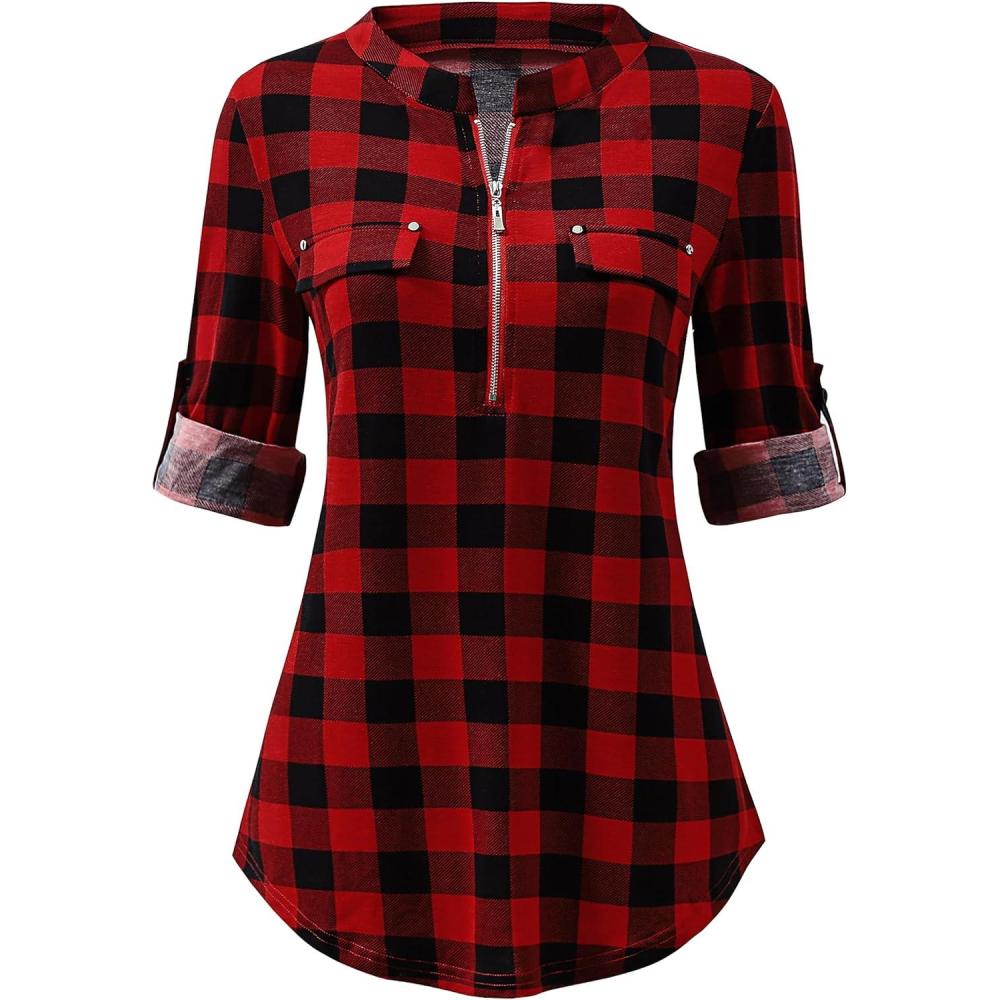 imageANRABESS Womens Plaid Shirts 34 Length Sleeve Half Zip Business Casual Tops Office Work Blouses 2025 Fall OutfitsRed Plaid