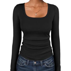 ANRABESS Women Long Sleeve Thermal Top Scoop Neck Slim Fit Fleece Shirts Basic Tee Casual 2025 Fall Winter Warm Undershirts(Black)