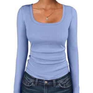 ANRABESS Women Long Sleeve Thermal Top Scoop Neck Slim Fit Fleece Shirts Basic Tee Casual 2025 Fall Winter Warm Undershirts(Blue)