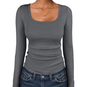 ANRABESS Women Long Sleeve Thermal Top Scoop Neck Slim Fit Fleece Shirts Basic Tee Casual 2025 Fall Winter Warm Undershirts(Dark Grey)