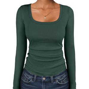ANRABESS Women Long Sleeve Thermal Top Scoop Neck Slim Fit Fleece Shirts Basic Tee Casual 2025 Fall Winter Warm Undershirts(Deep Green)