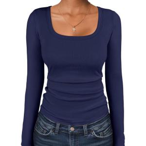 ANRABESS Women Long Sleeve Thermal Top Scoop Neck Slim Fit Fleece Shirts Basic Tee Casual 2025 Fall Winter Warm Undershirts(Navy Blue)