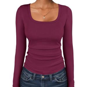 ANRABESS Women Long Sleeve Thermal Top Scoop Neck Slim Fit Fleece Shirts Basic Tee Casual 2025 Fall Winter Warm Undershirts(Wine Red)
