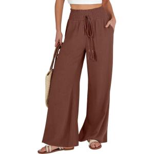 ANRABESS Women’s Linen Pants Summer Casual Palazzo Beach Pant Drawstring High Waist Wide Leg Trousers Vacation Outfits(Red Brown)