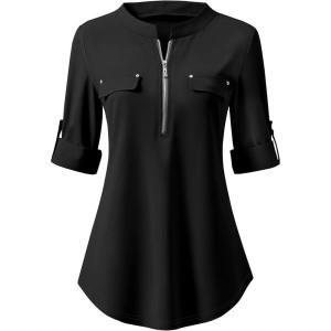 ANRABESS Womens Plaid Shirts 3/4 Length Sleeve Half Zip Business Casual Tops Office Work Blouses 2025 Fall Outfits(Black)