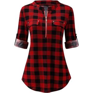 ANRABESS Womens Plaid Shirts 3/4 Length Sleeve Half Zip Business Casual Tops Office Work Blouses 2025 Fall Outfits(Red Plaid)