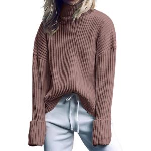 ANRABESS Womens Turtleneck Sweater 2025 Long Sleeve Ribbed Chunky Knit Fall Pullover Sweater Top(Nutmeg)